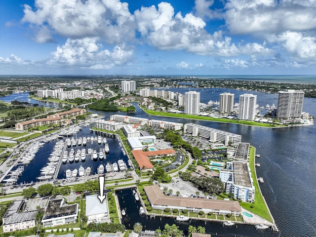 aerial view featuring a water view