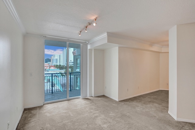 unfurnished room with carpet, a textured ceiling, ornamental molding, and track lighting