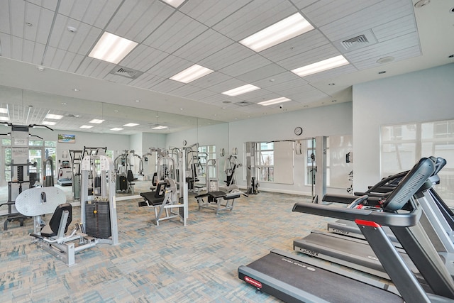 workout area featuring a high ceiling and carpet flooring