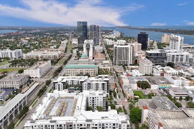 drone / aerial view with a water view