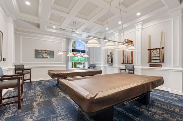 rec room with dark colored carpet, coffered ceiling, billiards, beamed ceiling, and crown molding