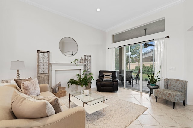 tiled living room featuring crown molding