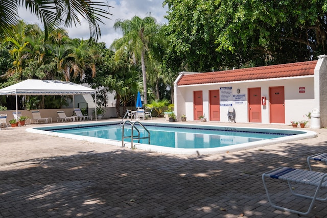 view of swimming pool featuring a patio area