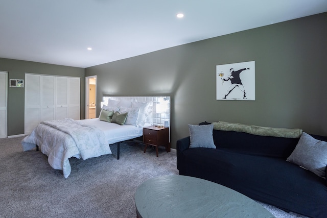 bedroom featuring carpet floors and multiple closets