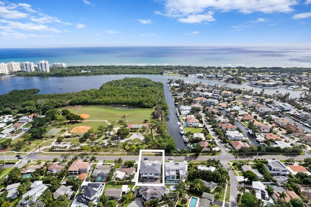 bird's eye view with a water view