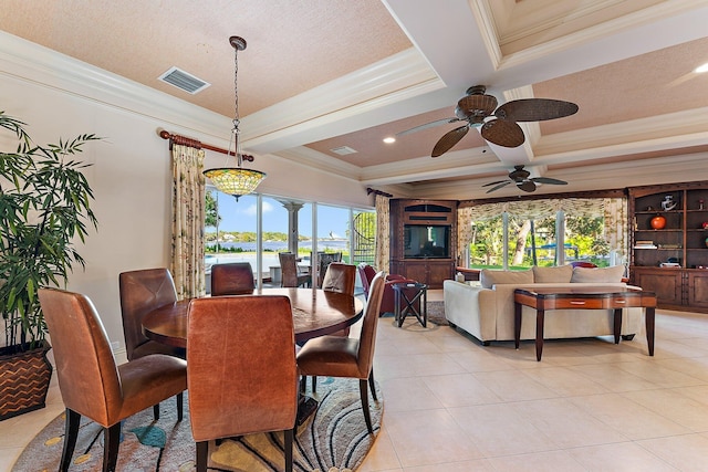 dining space with crown molding, light tile patterned flooring, coffered ceiling, and beam ceiling