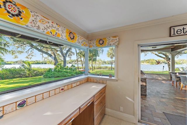 bathroom with a water view and ornamental molding