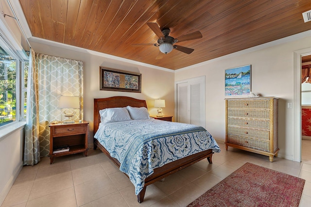 bedroom featuring multiple windows, a closet, ceiling fan, and wood ceiling