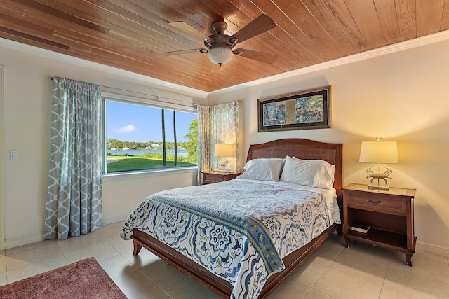 tiled bedroom with crown molding, ceiling fan, and wood ceiling