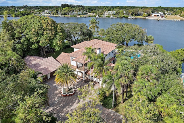 birds eye view of property featuring a water view