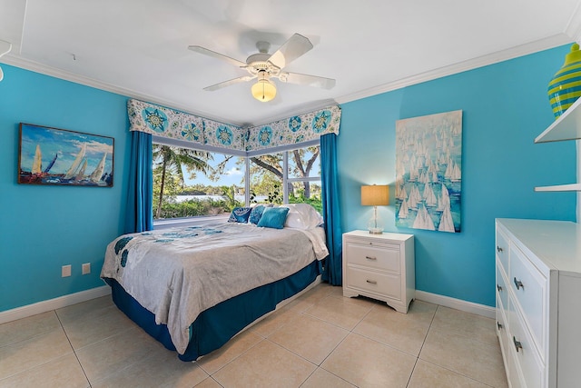 bedroom with ceiling fan, ornamental molding, and light tile patterned flooring