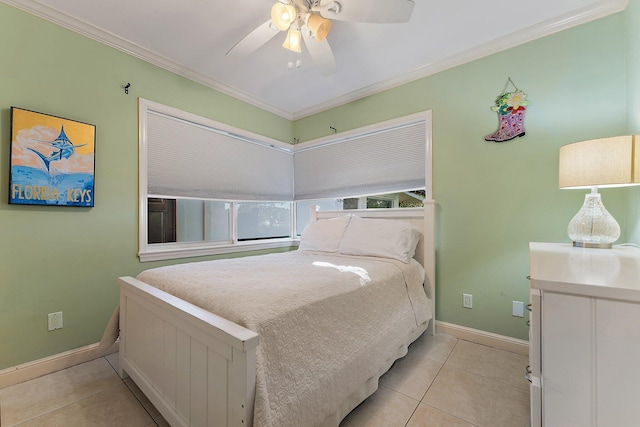 bedroom featuring ceiling fan, light tile patterned floors, and ornamental molding