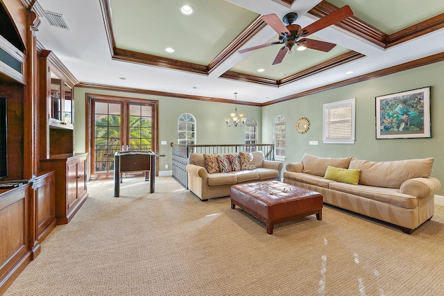 living room featuring ceiling fan with notable chandelier, light carpet, beamed ceiling, crown molding, and coffered ceiling