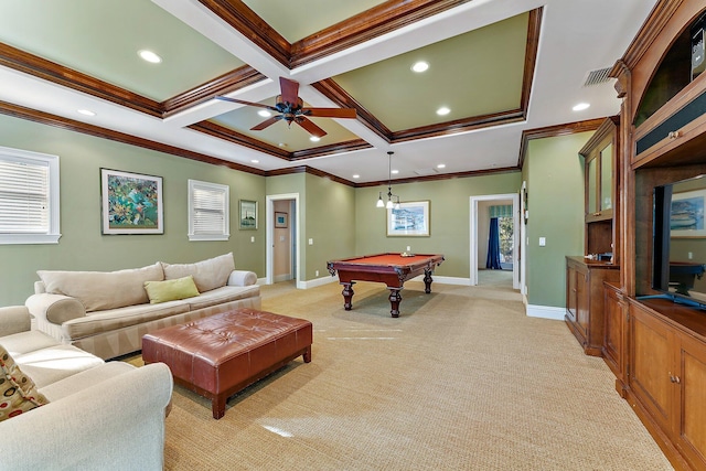 rec room with coffered ceiling, billiards, beam ceiling, light colored carpet, and ornamental molding