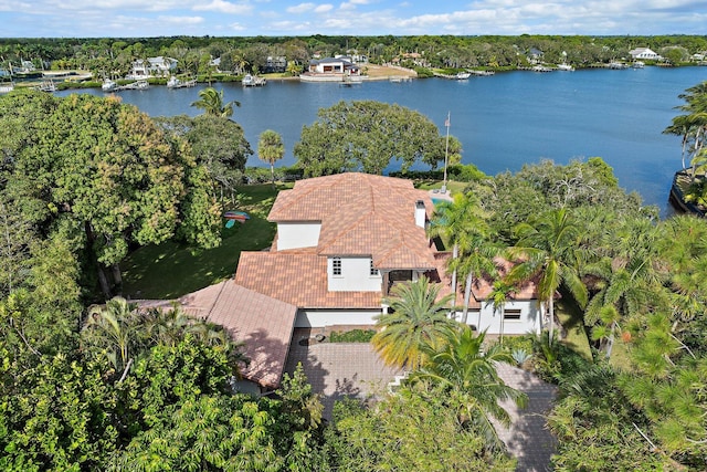 drone / aerial view with a water view