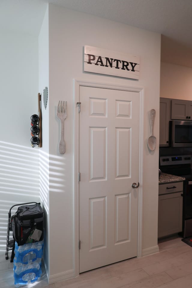 room details with gray cabinets, stove, and light hardwood / wood-style flooring