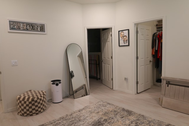 bedroom featuring a spacious closet, a closet, and light wood-type flooring