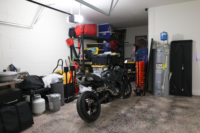 garage with a garage door opener and electric water heater