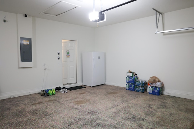 garage with white fridge, a garage door opener, and electric panel