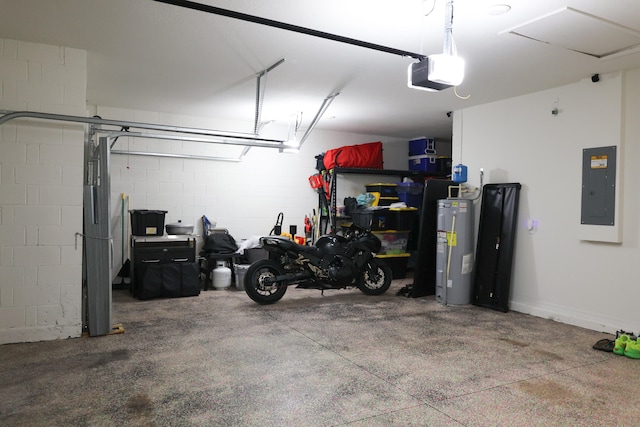 garage with electric panel, electric water heater, and a garage door opener