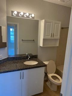 bathroom featuring toilet, vanity, and a bath