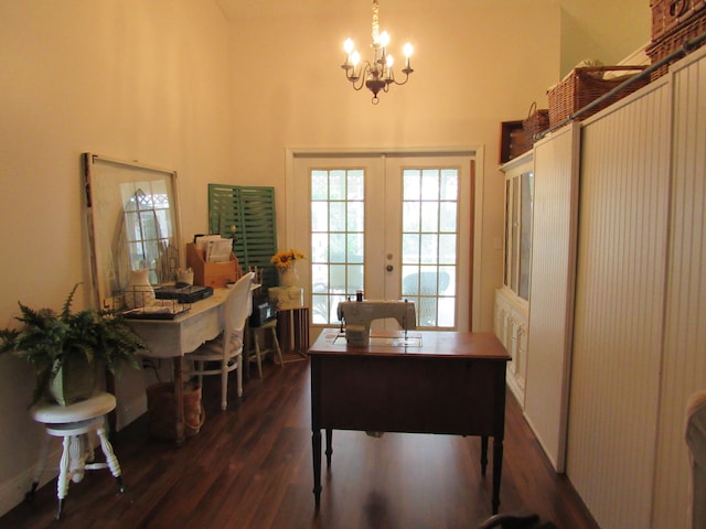 office space with french doors, a notable chandelier, and dark hardwood / wood-style flooring