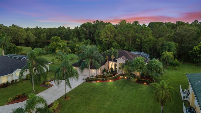 view of aerial view at dusk