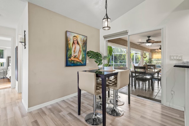 dining space featuring light hardwood / wood-style floors and ceiling fan