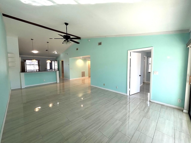 unfurnished living room featuring vaulted ceiling, ceiling fan, and ornamental molding