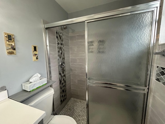 bathroom with toilet and an enclosed shower