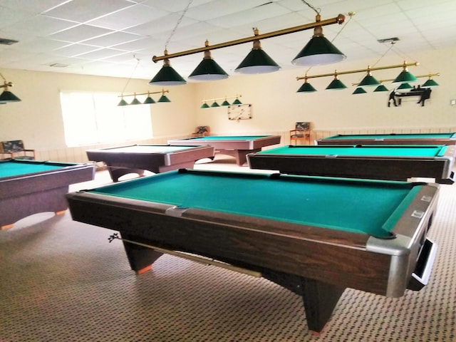 rec room featuring carpet flooring, a paneled ceiling, and pool table