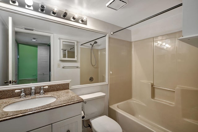 full bathroom with toilet, bathtub / shower combination, and vanity