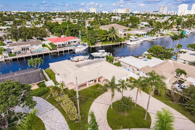 drone / aerial view with a water view