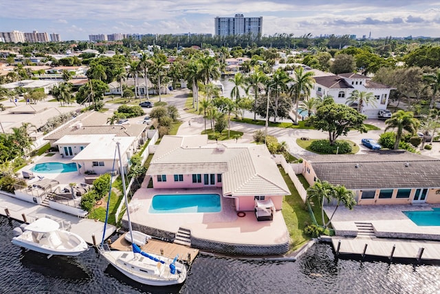 bird's eye view with a water view