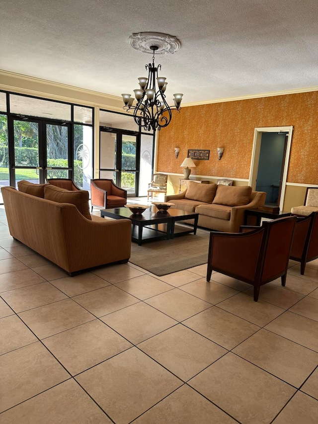 unfurnished living room featuring french doors, crown molding, a notable chandelier, light tile patterned floors, and a textured ceiling