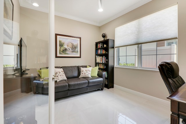 tiled office space featuring crown molding