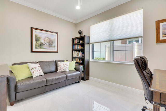 office featuring crown molding and light tile patterned floors