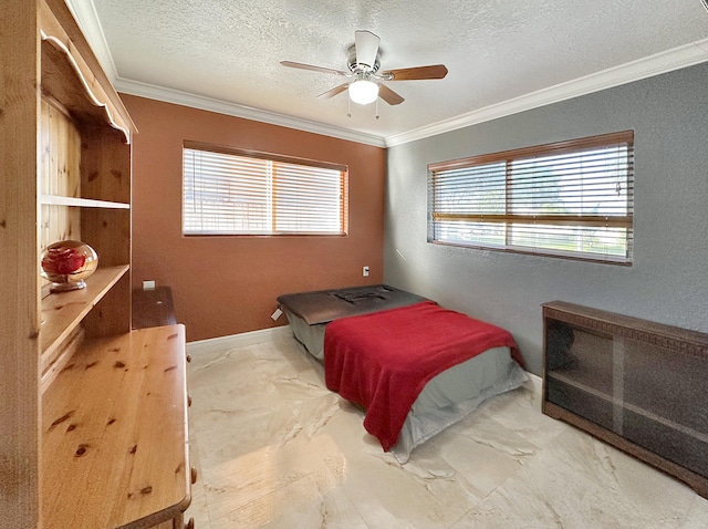 bedroom featuring crown molding, multiple windows, and ceiling fan