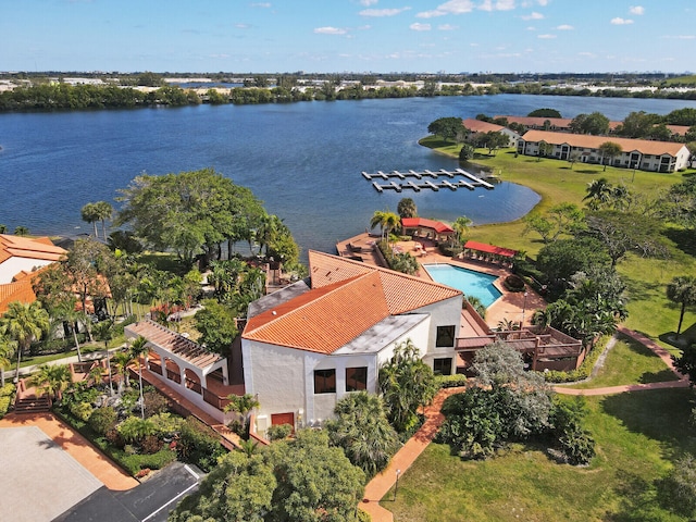 bird's eye view with a water view