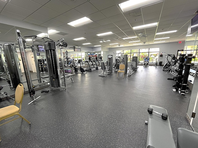 gym with a paneled ceiling