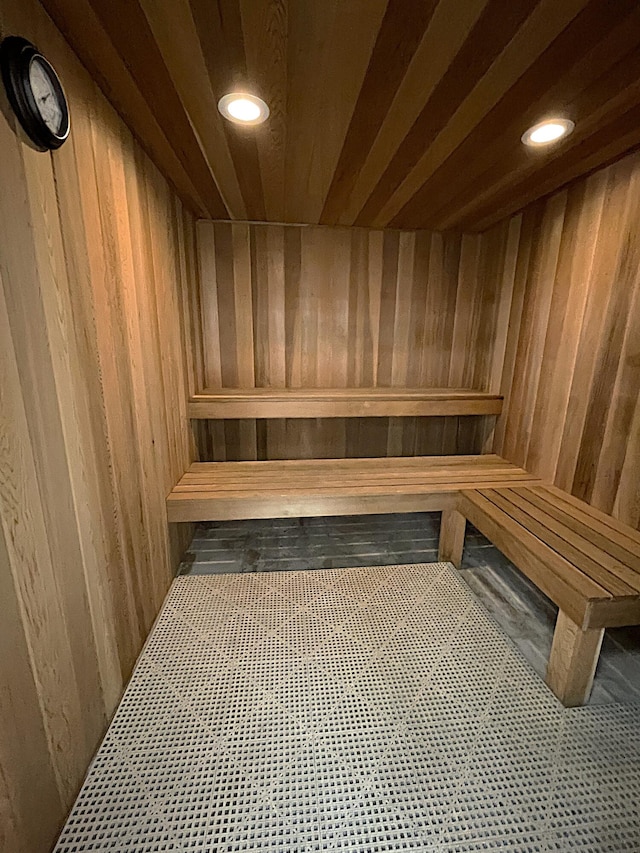 view of sauna / steam room with wood walls