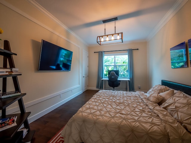 bedroom featuring crown molding and dark hardwood / wood-style floors