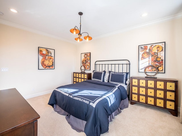 carpeted bedroom featuring a notable chandelier and crown molding