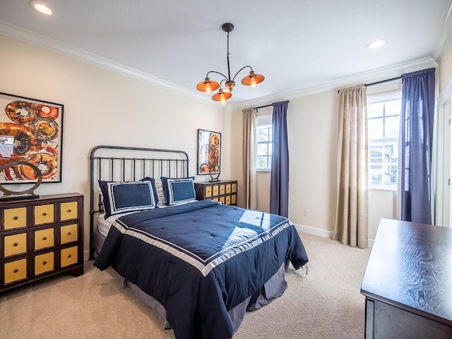 bedroom with ornamental molding, multiple windows, a chandelier, and light colored carpet