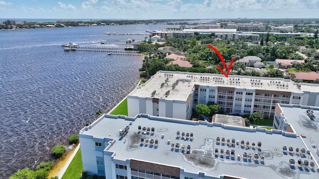 drone / aerial view featuring a water view