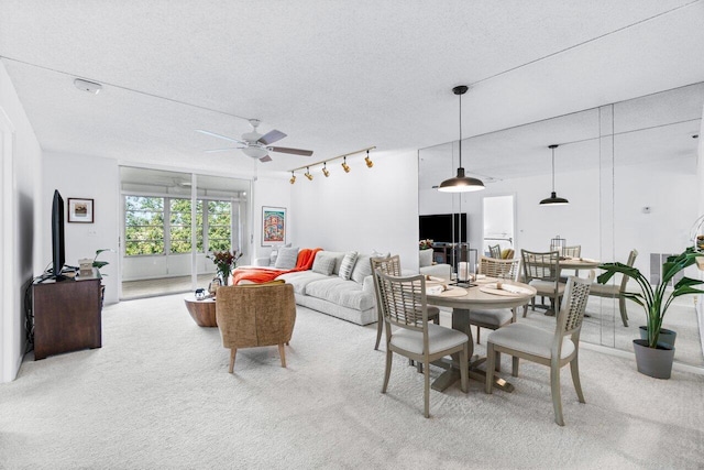 living room with ceiling fan, carpet, a textured ceiling, and track lighting