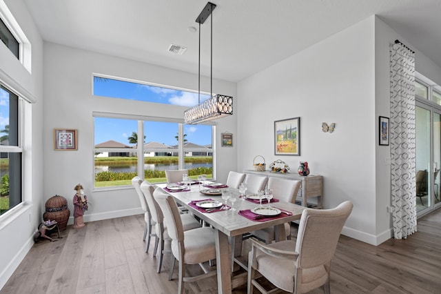 dining room featuring wood-type flooring, a water view, and plenty of natural light