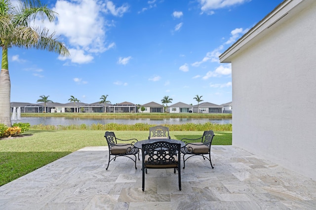 view of patio / terrace featuring a water view