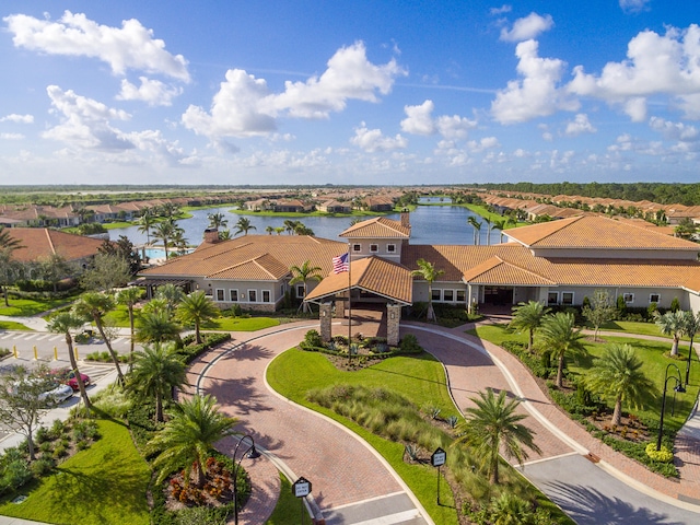 drone / aerial view with a water view