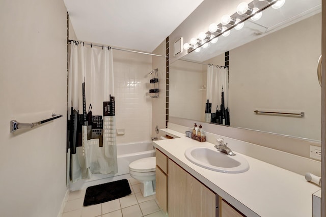 bathroom with toilet, tile patterned flooring, shower / bath combo, and vanity